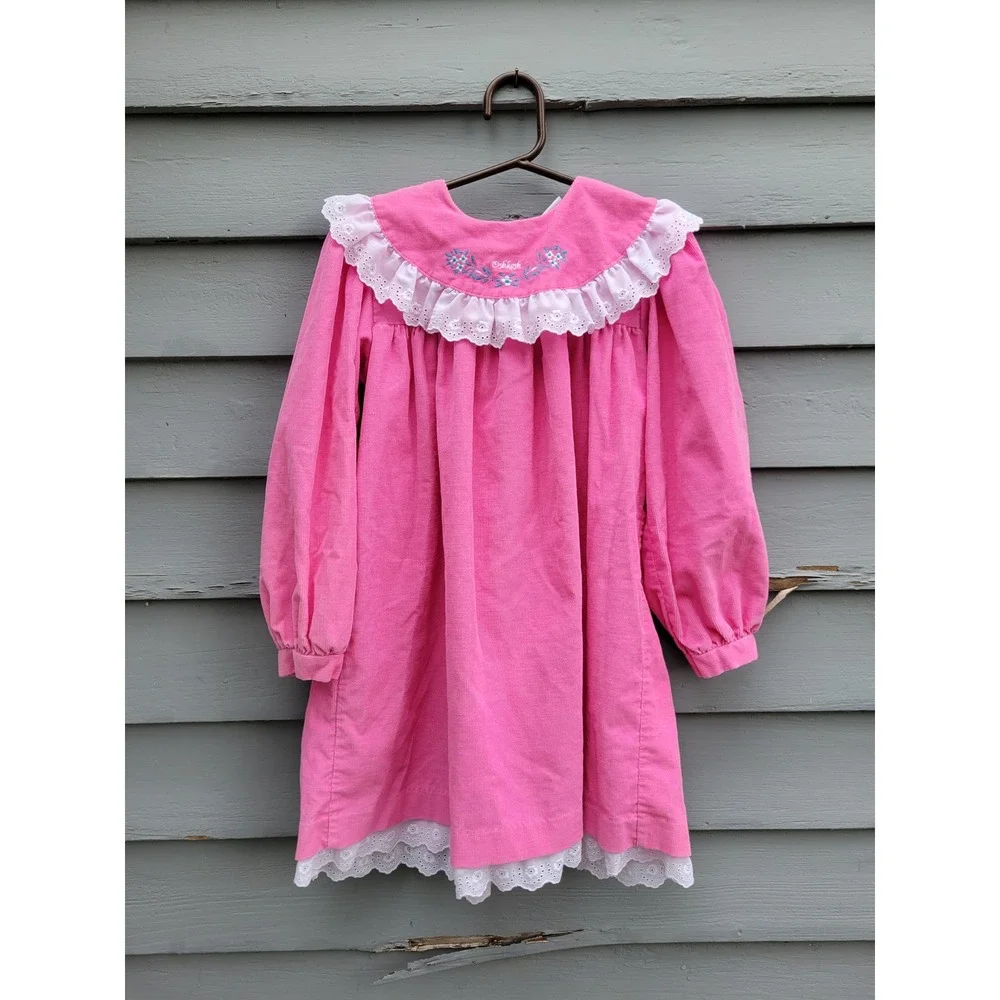 Vintage 90s‎ OshKosh B'gosh Corduroy Dress Pink Eyelet Lace Floral Embroidery 6
